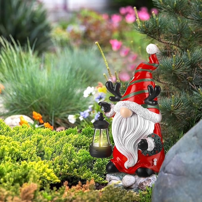 Suzile 2 Pack 9.4 Inch Gnome Statue Christmas Garden Decor with Solar Lights Resin Outdoor Christmas Decoration Figurine with LED Lantern Outside for Courtyard Lawn Patio Porch Housewarming Gift