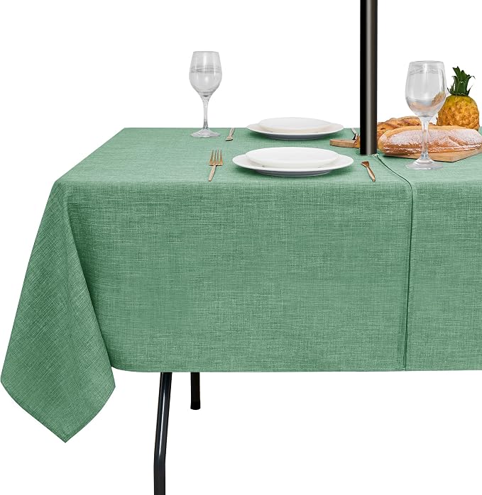 LUSHVIDA Outdoor Tablecloth with Umbrella Hole - Patio Table Cloth Zippered Rectangle 60x84 Inch, Sage Green Linen-Look Polyester Table Cover Water Resistant for Picnic Outside