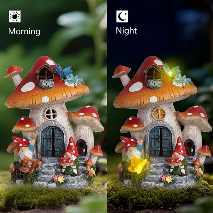 Hodao Spring Garden Mushroom Gnomes Decorations Mushroom House Ornaments Decor for Porch, Garden Yard Spring Lighting House for Outdoor Decor Birthday Gifts for Mom, Grandma,Women