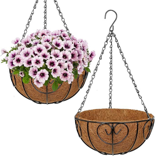 10 inch Metal Hanging Baskets for Plants Outdoor, 2 Pack Metal Wire Hanging Basket Planter with Coco Liner Flower Pots for Indoor Outdoor Garden Porch Patio, Heart-Shaped
