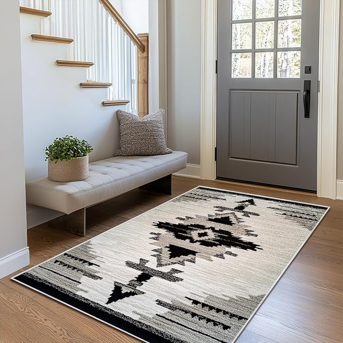 Western Area Rug Southwestern Aztec Navajo Washable 3x5 Rugs for Living Room Bedroom Southwest Tribal Gray Beige Non-Slip Soft Floor Large Carpet for Office Entryway Bathroom