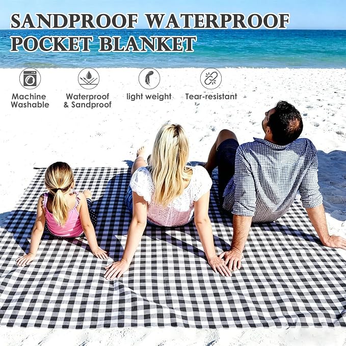Fammart Pocket Picnic Blanket Sandproof Waterproof, Portable Lightweight Camping Tarp, Quick Dry Foldable Compact Beach Mat with Corner Pockets & Stakes for Festivals Hiking Outdoor Essentials
