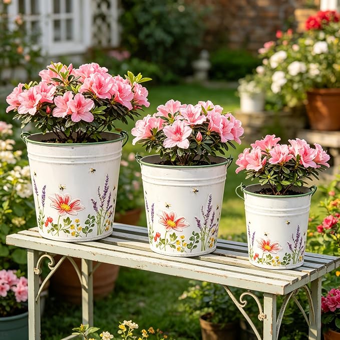 3-Piece Floral Metal Planter Bucket Set - Rustic Lavender Decorative Flower Pots for Succulents, Herbs & Indoor/Outdoor Garden, Flower Arranging, Wedding Party Home Decor Accents