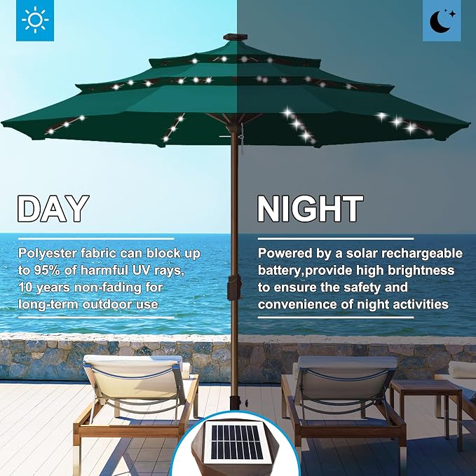 Eurmax USA 10-Year-Non-Fading 10FT 3-Tier Outdoor Patio Market Umbrella with LED Lights,UPF50+ UV Resistant,Commercial Grade,Crank Lift Design,Windproof Vented Top for Garden,Pool,Deck,Forest Green
