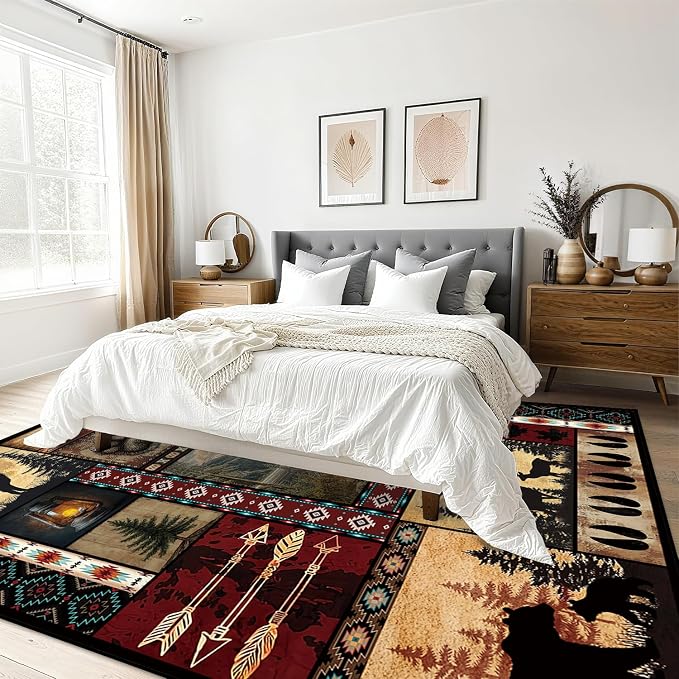 Rustic Cabin Area Rug 5x7 for Living Room, Bear Deer Print Rug, Western Decor Non-Slip Low-Pile Machine Washable Indoor Floor Carpet for Dining Room Bedroom Office