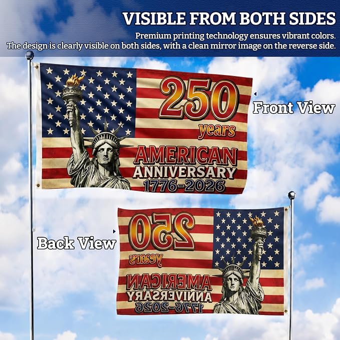 American 250th Anniversary Flag 3x5 FT, Heavy Duty Thickened 150D Polyester Statue of Liberty Patriotic US Flag, 1776-2026 Celebration Banner for Outdoor Yard Porch
