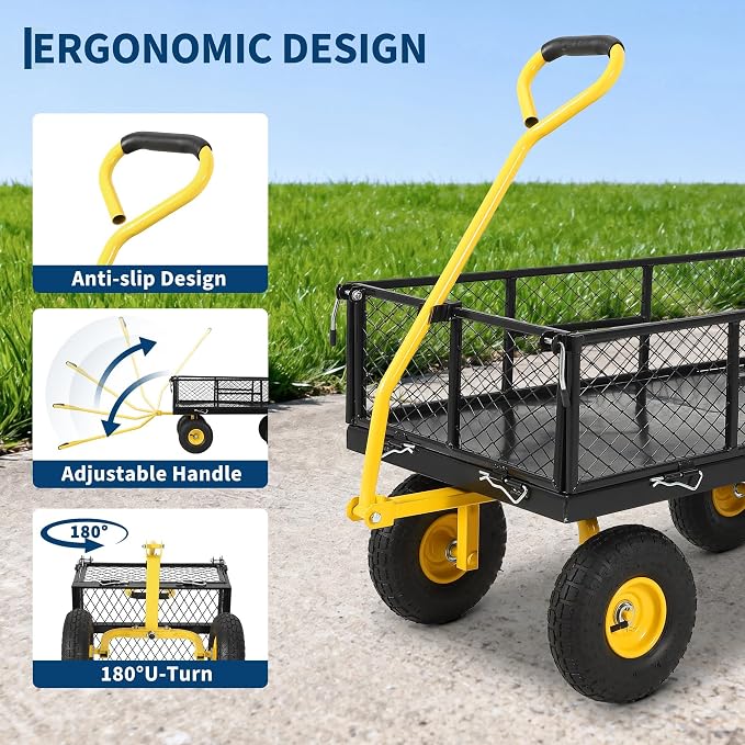 Garvee 900 LB Garden Cart, Heavy Duty Metal Utility Garden Wagon, Black | 13 in All Terrain Tires, 4-in-1 Yard Wagon Cart with Removable Side Panels for Outdoor Lawn, Yard, Backyard