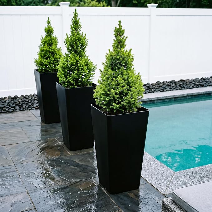 KOL Planters for Outdoor Plants, 28 Inch Tall Black Flower Pots 2 Pack, Large Plastic Plant Pots with Drainage Hole and Dual-Purpose Tray, Decorative Indoor Planter for Front Porch Patio Garden