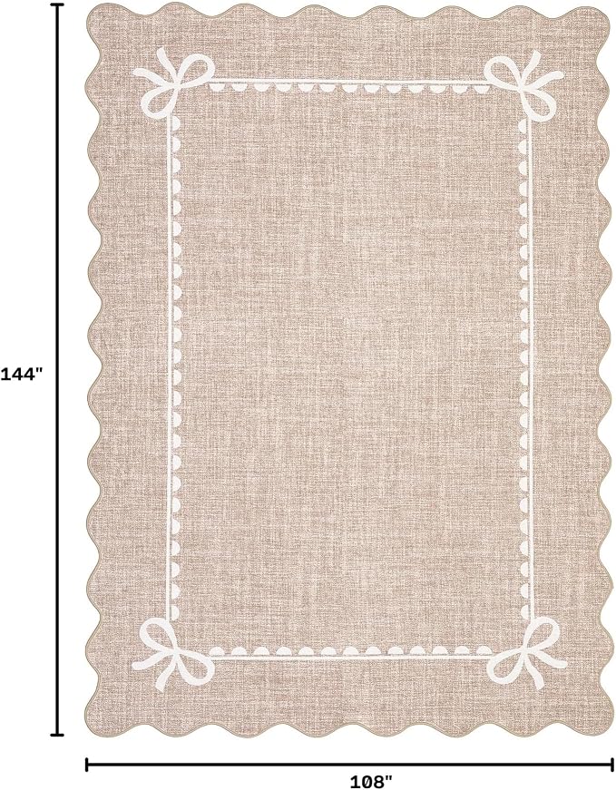 GarveeHome Scalloped Bow Rug 9x12 Washable Camel Rug for Living Room | Non Slip Soft Low Pile Large Indoor Carpet for Nursery Girls Bedroom Decor Hallway Kids Room College Dorm Playroom