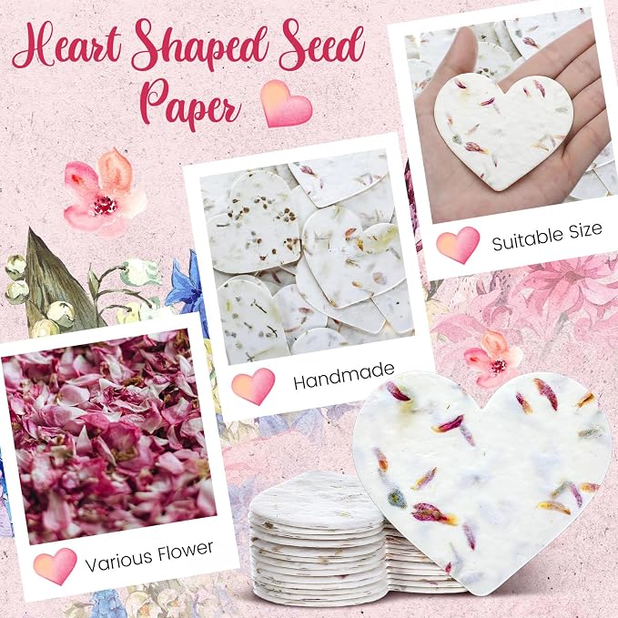 Dunzoom 50 Pcs Handmade Seed Paper Plantable Wildflower Seed Paper Recycled Flower Petals Tags Wedding Favors for Guests Craft Gifts Cards for Envelope Birthday Party, 5 Styles (Heart)