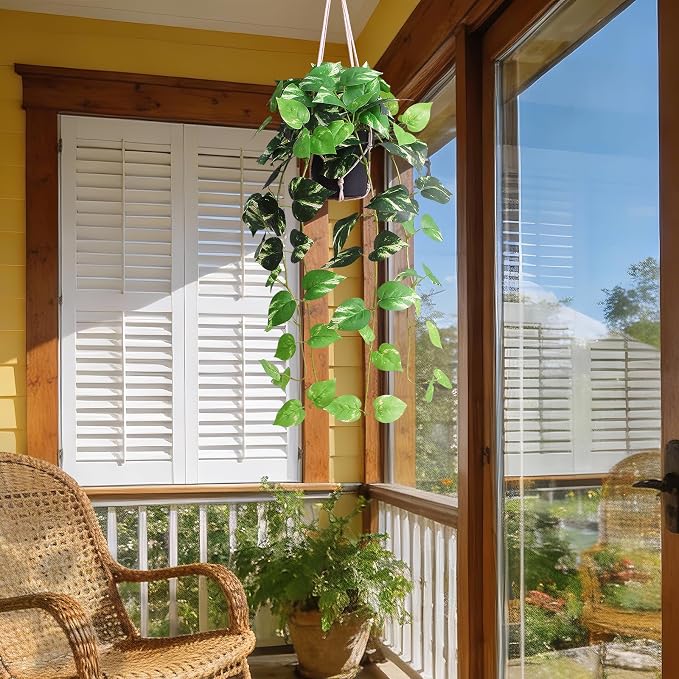 alyptus Fake Pothos Hanging Plants - Artificial Hanging Plant with Pot Realistic Faux Pothos Vines for Indoor Décor, Lush Greenery for Balcony Patio Office, Bathroom - Golden Green