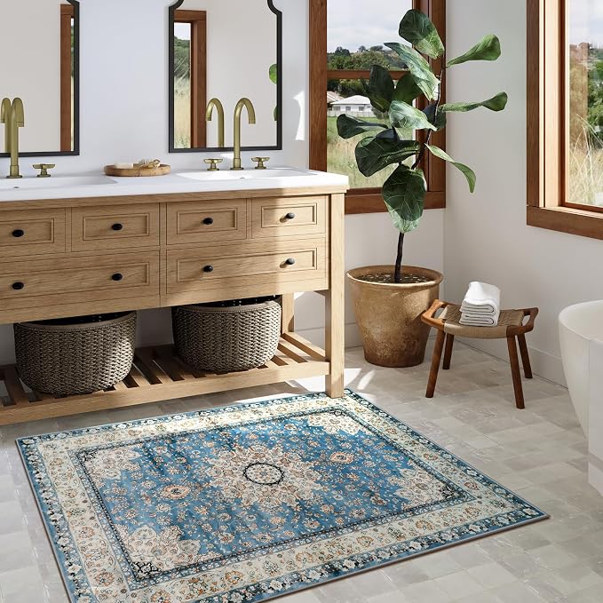 Lahome Felice Oriental Floral Medallion Area Rug - 3x5 Blue Distressed Entry Throw Rug Vintage Faux Wool Indoor Accent Rug Non-Slip Washable Low-Pile Carpet for Entrance Living Dining Room Bedroom