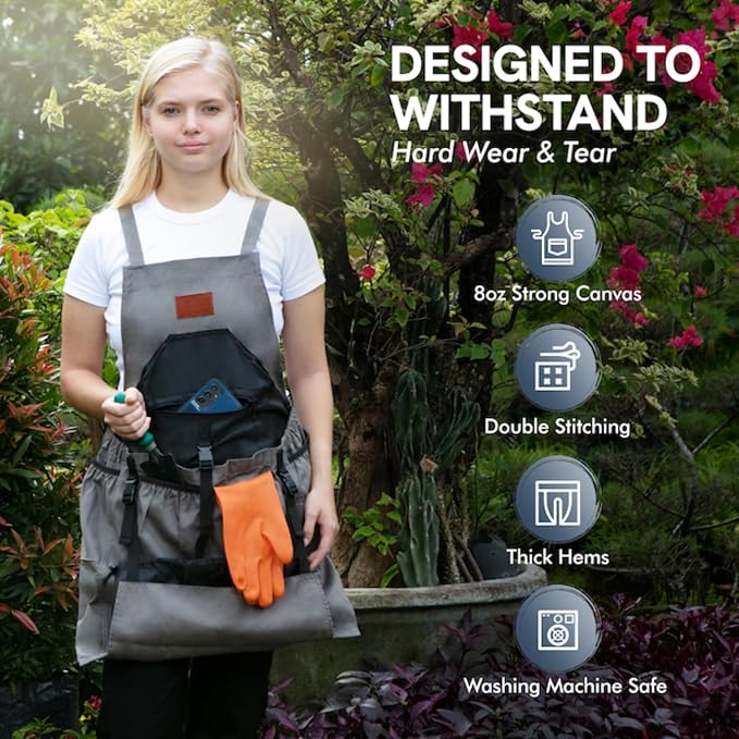 Gardening Apron with Pockets for Women & Men - Garden Apron 7 Pockets & Internal Drawstring Bag - Great Gift