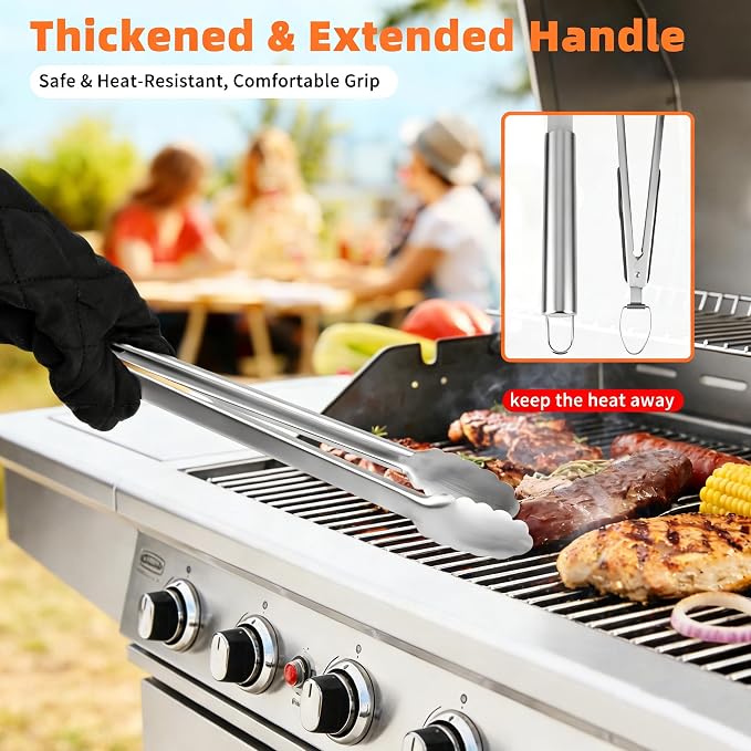 32PCS Grill Accessories Set Grilling Gifts for Men, 16 Inches Heavy Duty BBQ Accessories, Stainless Steel Grill Utensils Set with Thermometer, Grill Tools for Backyard Camping for Men Women - Sliver