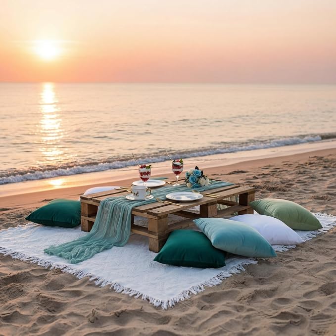 Moukeren 10 Pcs 71''x102'' Extra Large White Outdoor Boho Picnic Blanket with Table Runner and 8 Throw Pillow Covers Oversized Washable Portable Beach Blanket for Picnic Camp Lawn Wedding