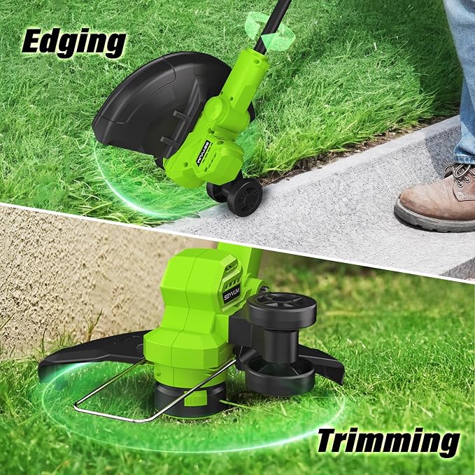 SEYVUM String Trimmer, 20V 12-inch Cordless Weed Trimmer with Auto Line Feed, 2 X 2.0Ah Battery Powered Lawn Edger with 5 Pcs Spool Line & 8 Pcs Plastic Blades, Fast Charger Included, Green