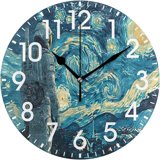 ALAZA Home Decor Starry Night Astronaut Round Acrylic 9.84 Inch Wall Clock Non Ticking Silent Clock Art for Living Room Kitchen Bedroom
