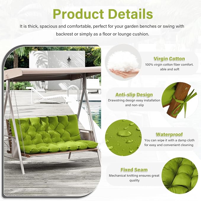 Porch Swing Cushion with Backrest,Waterproof Bench Cushion for Outdoor Furniture,2-3 Seater Replacement Thickened 5 in swing cushion,with Ties,Patio,Outdoor,Backyard and Garden (Grass Green,60x40 in)