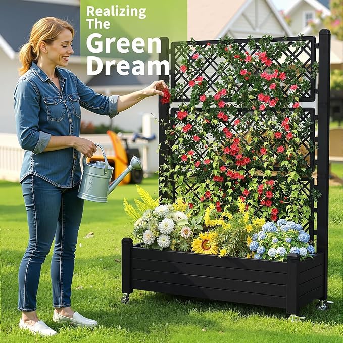 Vixzen 64" Tall Raised Garden Bed,Outdoor Large Resin Planter Box with Trellis and Drain Plug for Climbing Plants,Easy to Assemble,Water Monitor,Mobility(Black, 43.43"×18.27"×64.29")