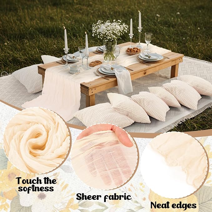 Beeveer 14 Pcs Picnic Kit 91x71 Inch Extra Large Outdoor Boho Picnic Blanket with White Table Runner, 6 Throw Pillow Cover 6 Napkin Woven Cotton Yarn Oversize Washable Beach Blanket for Camp Wedding