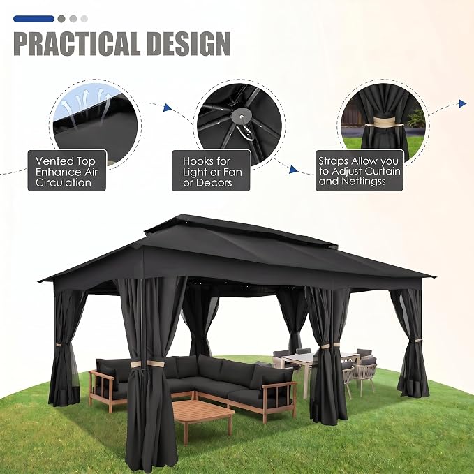COBIZI Gazebo 12x20 FT Outdoor Gazebo on Clearance with Double Ventilated Arc Roof, Privacy Curtains & Mosquito Netting, Easy Set up Canopy Tent with Stable Metal Frame for Patio Black