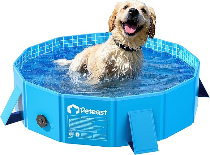 Peteast Dog Pool for Large Dogs, Foldable Hard Plastic, 32 in | Collapsible Kiddie Pool with Stable Side Support for Pets and Kids