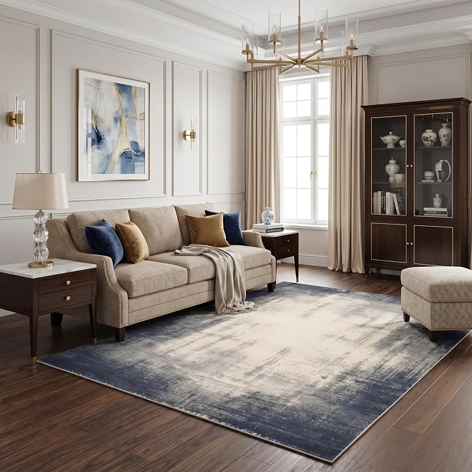 5x7 Navy Blue and Ivory Abstract Gradient Area Rug | Washable non-slip low-pile faux cashmere rug for living rooms, bedrooms and home offices; soft, foldable and easy to clean.