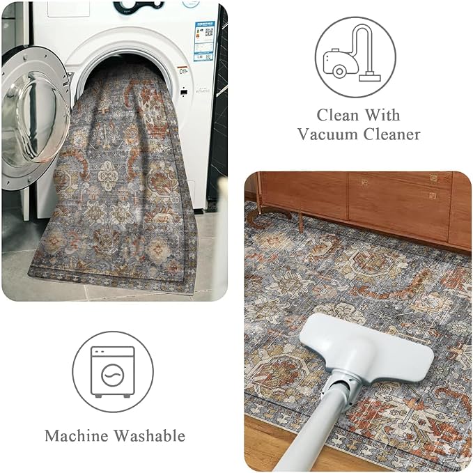 Washable Area Rugs - Perfect for Living Room, Bedroom, Kids Room, Nursery - Stain & Water Resistant Non-Slip, Pet & Child Friendly, Vintage Tribal Area Rugs (Turmeric and Grey, 9' x 12')