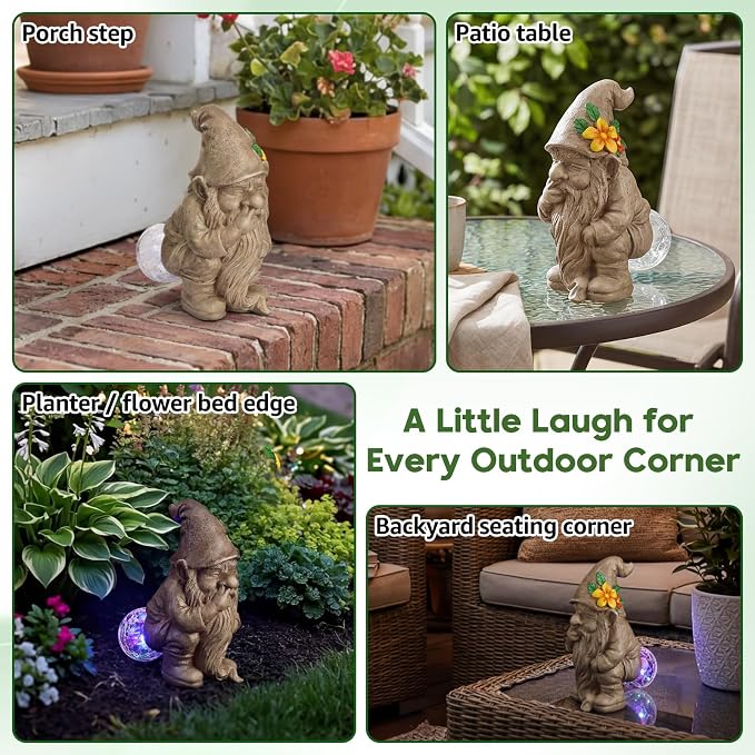 Lyeasw Solar Funny Garden Gnomes Statue - Gnomes for Dad - Waterproof Outdoor Garden Sculpture Light for Yard, Porch, Patio & Balcony - Birthday Gift for Mom, Grandma & Garden Lovers