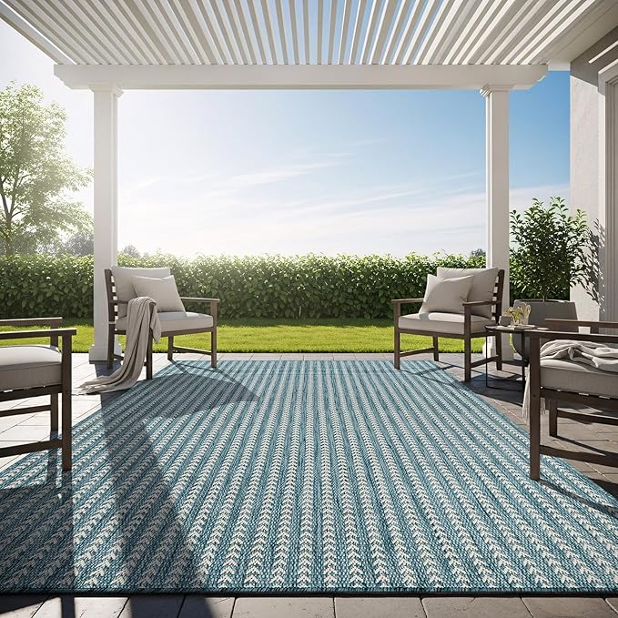 Washable Outdoor Rug 9x12 Modern Area Rugs Outdoor Carpets Striped Pattern Non Shedding Waterproof Easy Clean Patio Deck Porch Living Room Bedroom Garden RV (9 X 12 Aqua)