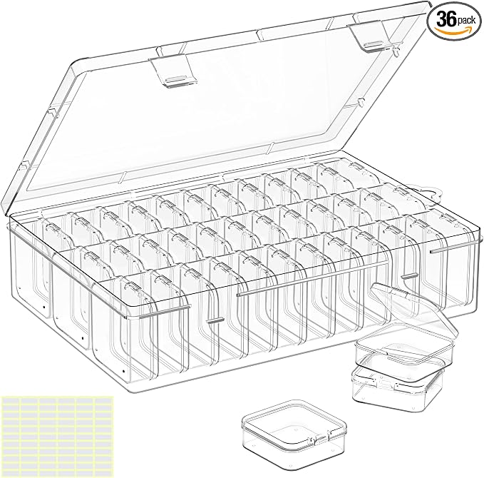Bead Organizer Box, 36 Pcs Mini Clear Bead Storage with Hinged Lid and Labels, Small Plastic Containers for Jewelry Making, DIY Craft, Diamond Painting, Screws, Nail Art, and Seeds (1 Pack)
