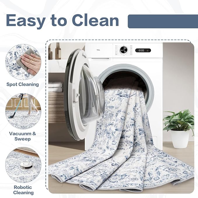 10x14 Area Rugs for Living Room: Washable Rug Vintage Large Rugs Soft Non Slip Low Pile Rug Floral Distressed Floor Carpet for Bedroom Nursery Dining Room Home Office (Blue,10'x14')