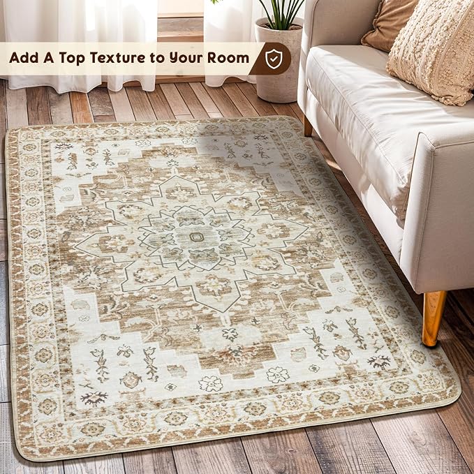 LBRO2M Machine Washable Rug Soft Pet Friendly Carpet 2X3 Cream | Persian Rug 2X3 for Entryway, Kitchen, Bathroom Non Slip Carpet, Foldable Stain Resistant Rugs