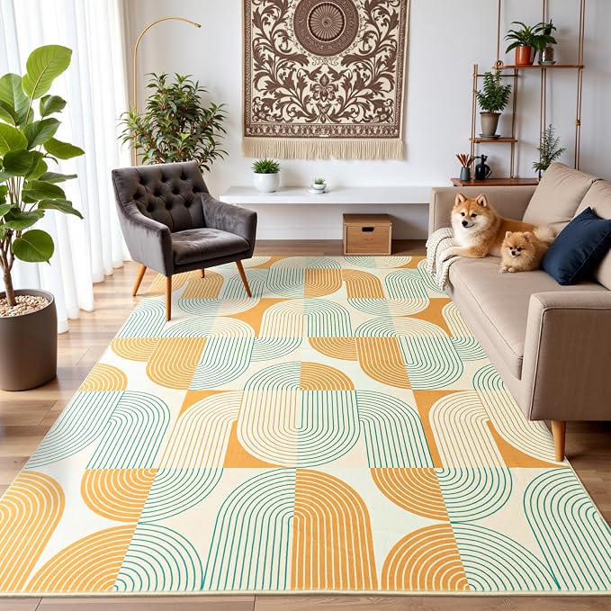Washable Area Rugs for Bedroom Living Room 4x6 ft, Non-Slip Modern Rug | Stain Resistant, Low Pile, Soft Carpet Indoor Floor Boho Carpet for Kitchen Front Door Entrance Office Kids Room, Orange