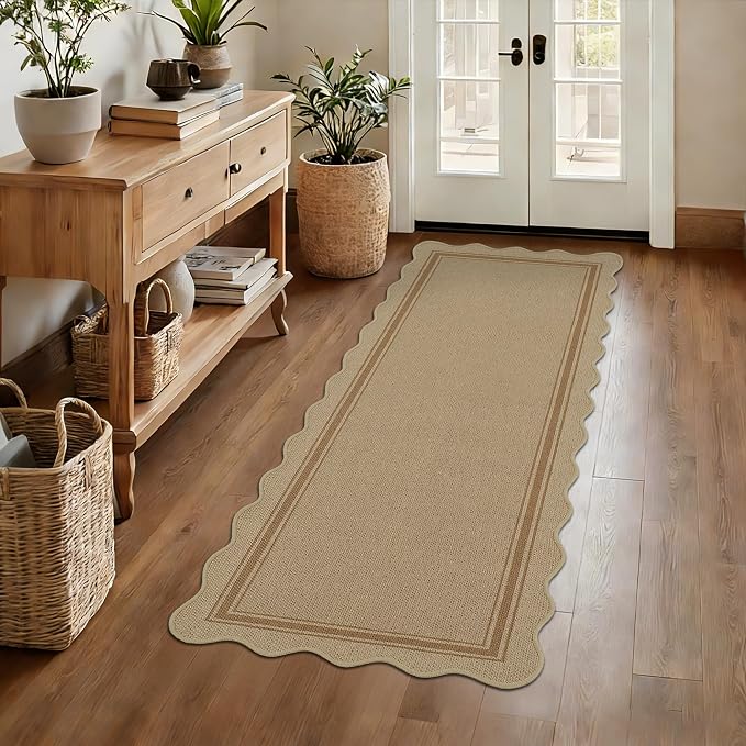 Easy Jute Kitchen Runner 2x6 Kitchen Runner Rug Washable Non Slip Outdoor Rug for Entryway Farmhouse Neutral Low Pile Scalloped Carpet for Hallyway Proch Doorway