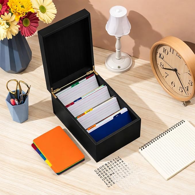 Henoyso 4 x 6 Inch Index Card Holder Set, Bamboo Organizer Box with 50 Dividers & 2 Sheets Alphabet Number Stickers File Note Holders, Holds 1200 Cards for Office Business Home Kitchen, Black