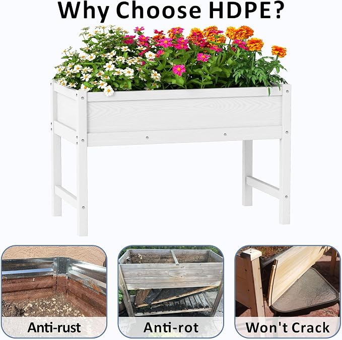 Raised Garden Bed Outdoor with Legs,HDPE Elevated Planter Box Rot-Resistant and Non-Cracking,Raised Beds for Gardening for Backyard, Patio, Balcony, 300lb Capacity White