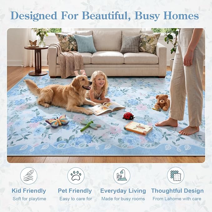 Lahome Round Floral Bathroom Rug 4ft, Low Pile Ultra-Thin Bath Mat | Pet Friendly, Easy To Clean Non Slip Carpet For Bathroom Vanity, Playroom Corner Or Cozy Nook