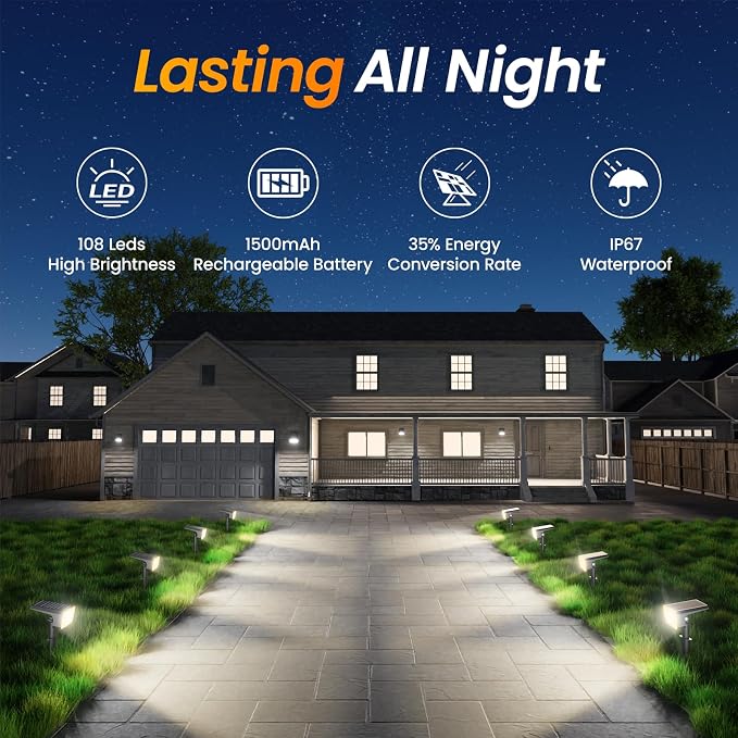 Fabrito 4 Pack Solar Spot Lights Outdoor Waterproof IP67, [108 LEDs, 4 Modes] Dusk to Dawn Spotlights with 1500mAh Battery for All Night, Landscape Lights for Tree, Yard, Pool, Pathway, Warm White