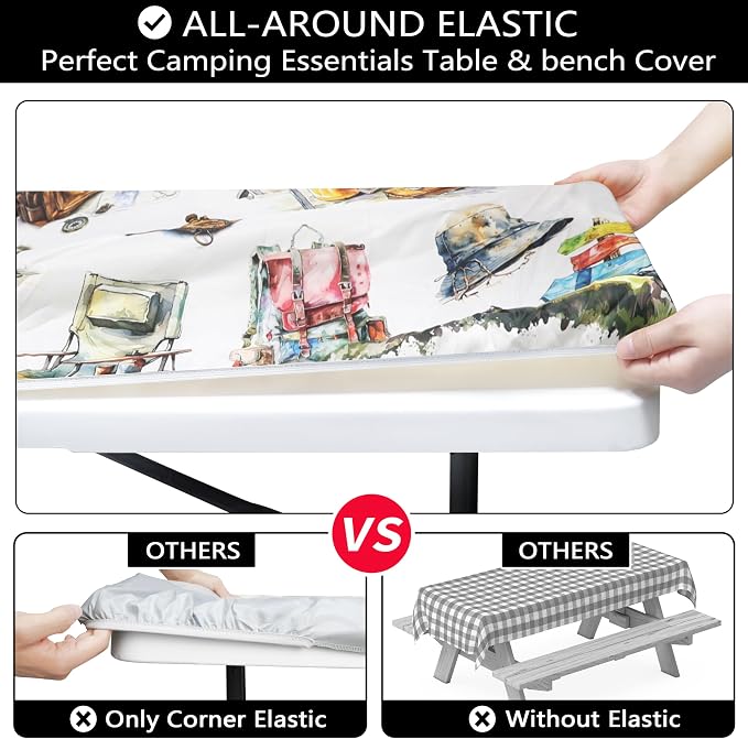 Picnic Table Cover with Bench Covers 6FT Camping Essentials Fitted Picnic Table Cloths Camping Table Cover Outdoor Elastic Picnic Tablecloth (3pcs-72")