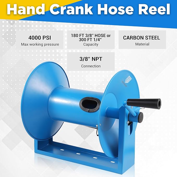 RIDGE WASHER Pressure Washer Hose Reel 180FT x 3/8" | Heavy Duty, High Capacity, 4000 PSI, 3/8" Whip Hose, Manual Crank