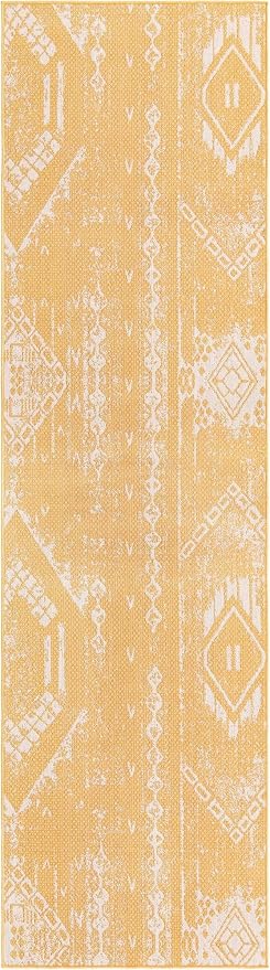 Unique Loom Outdoor Bohemian Collection Area Rug - Anthro (3' 3" x 12' Runner, Yellow/ Ivory)