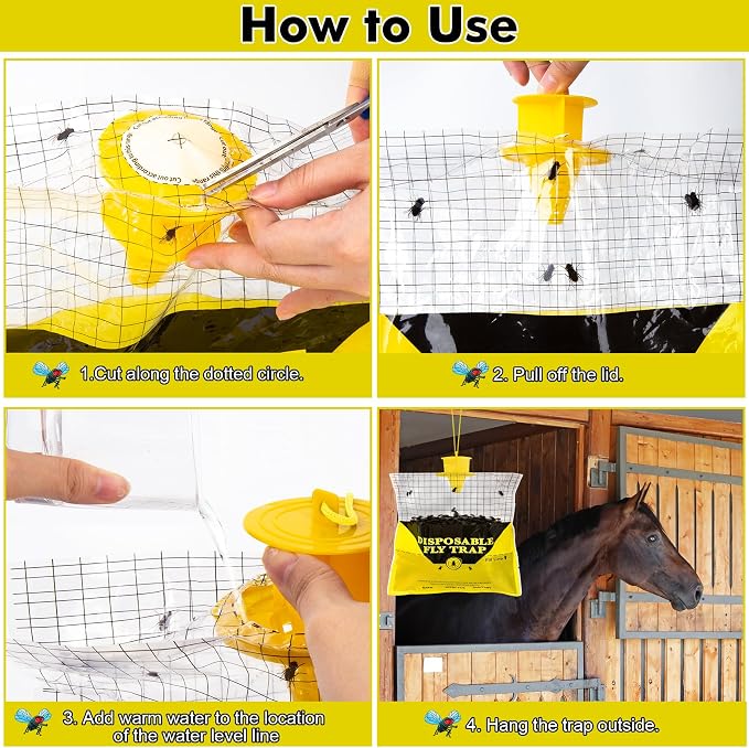 Glovv Fly Traps Outdoor Hanging with Fly Bait, 12 Pack Disposable Bags Hunter Ranch Trap, Flies Control Bug Catcher Killer Repellent for Stable Horse Barn & Farm