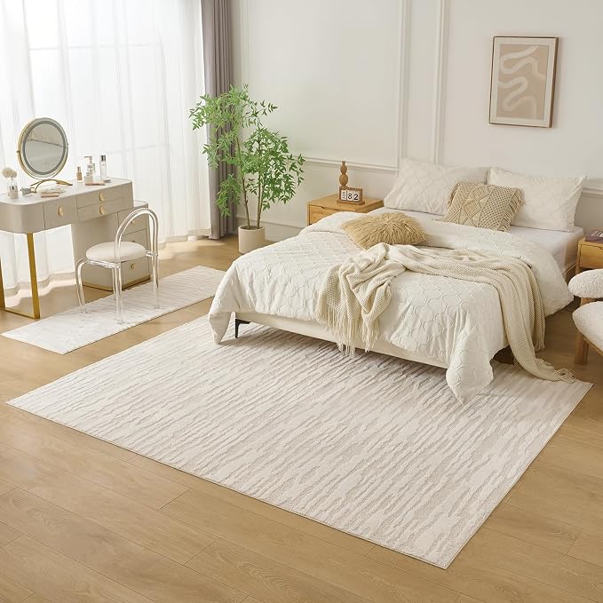 Textured High-Low Striped Area Rug for Living Room Bedroom, Modern, Wabi-Sabi, Minimalist, Japandi, Neutrel, Washable Soft Cozy 6 * 8 feet