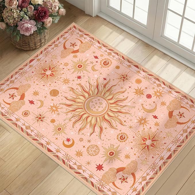Vacuum-Friendly, 2x3 Washable Area Rug, Pink Gold Beige Red | Sun and Moon Boho Gothic Non-Slip Low Pile Living Roon Bedroom Dining Room Kitchen Entry Entryway Entrance Hallway Doormat