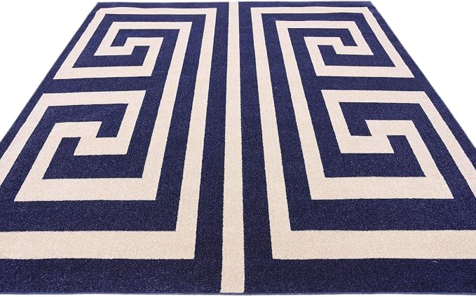 Unique Loom Athens Collection Classic Geometric Modern Border Design Area Rug (8' 0 x 8' 0 Square, Navy Blue/ Beige)