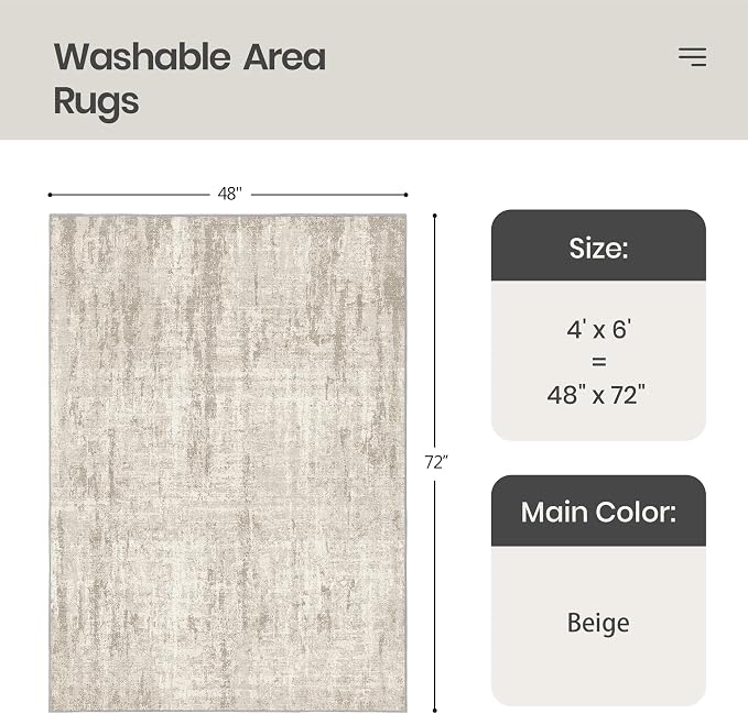 Valenrug 4x6 Area Rug for Entryway, Non Slip Washable Bedroom Rug, Beige | Soft & Lighweight, Folable, Stain Resistant Low Pile Thin Indoor Distressed Carpet Rugs for Living Room,Laundry Room,Kitchen