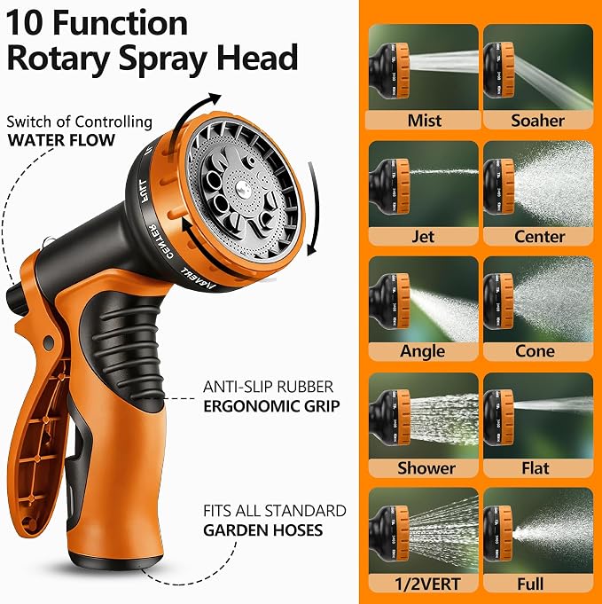 Flexible Garden Hose 25 FT, Ultra Lightweight Water Hoses w/10 Function Sprayer and 3/4" Brass Fittings, Kink-Free, Sturdy, Abrasion Resistant for Yard, Lawn, Outdoor and Gardening(Black Orange)