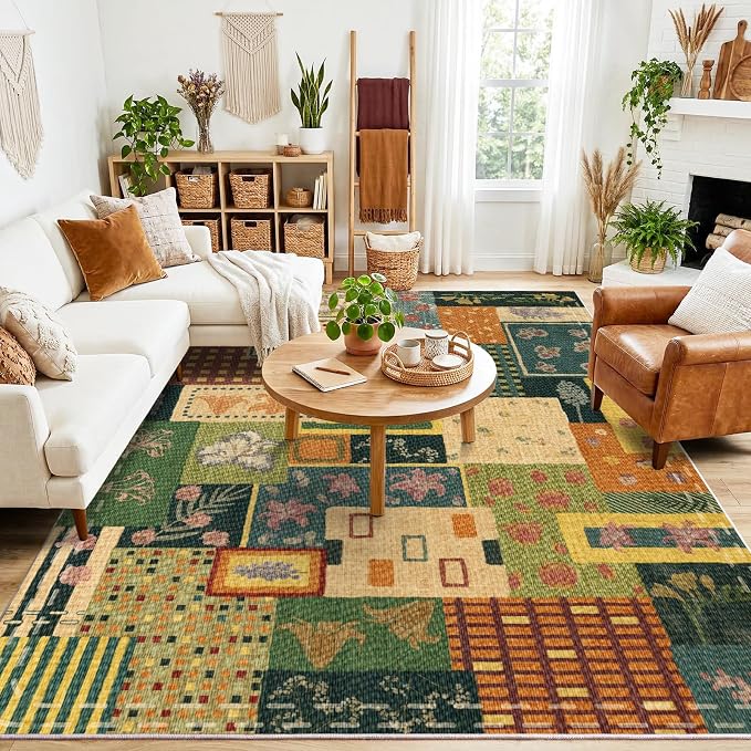 Floral 8x10 Area Rugs for Living Room, Colorful Green Boho Geometric Rug | Upgraded Non Slip Carpet| Indoor Rugs for Bedroom Dining Room Office Home Decor| Patchwork Abstract Rug| Cottagecore Rug