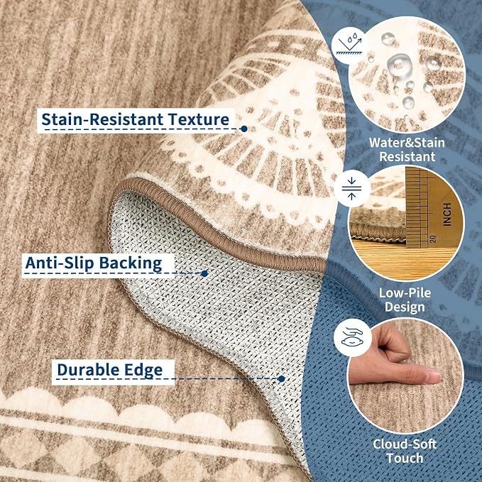 Garvee 9x12 Scalloped Lace Rug for Living Room Washable Soft Rugs Brown | Non Slip Low Pile Rug, Non-Shedding Carpet for Bedroom Playroom Kids Room, Stain Resistant Rugs, Solid Rug for Girls Room